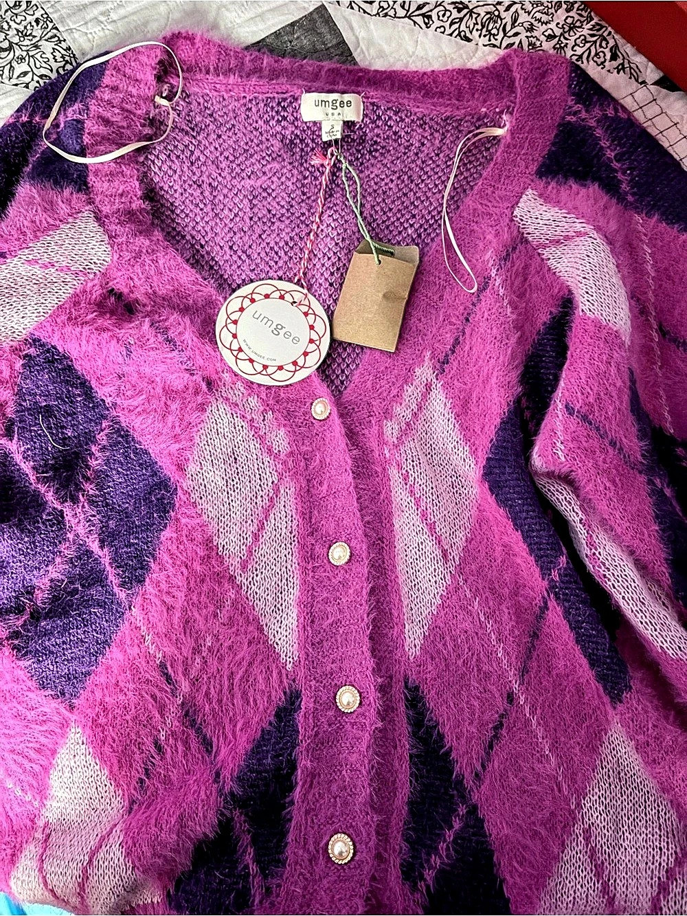 umgee Pink & Purple Argyle Fuzzy Button-Up Cardigan Pink & Purple Small